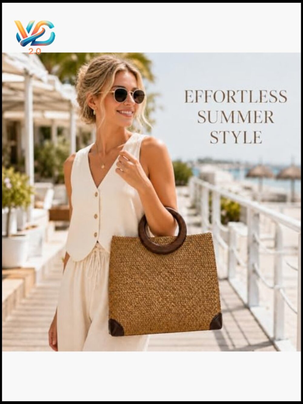 Hand-Woven Straw Tote Bag Rattan Beach Purse Retro Clutch with Round Wood Handle - Picture 4 of 6